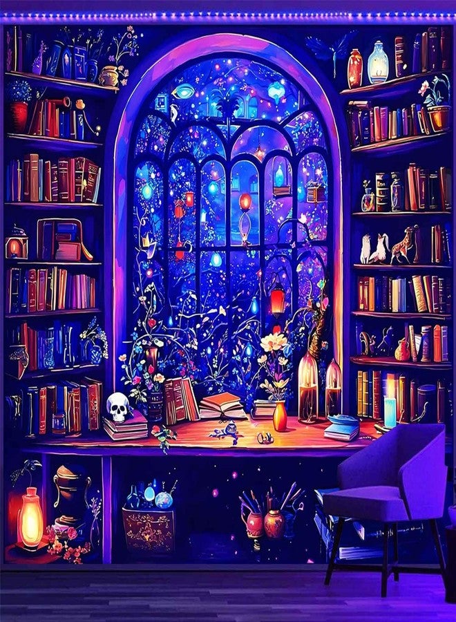 TUGCAY Blacklight Bookshelf Tapestry UV Reactive Magic Books Tapestry Fantasy Library Skull Tapestries Gothic Magical Potion Bottle Wall Hanging for Bedroom Dorm Decor(51.2 x 59.1 inches) - Image 1